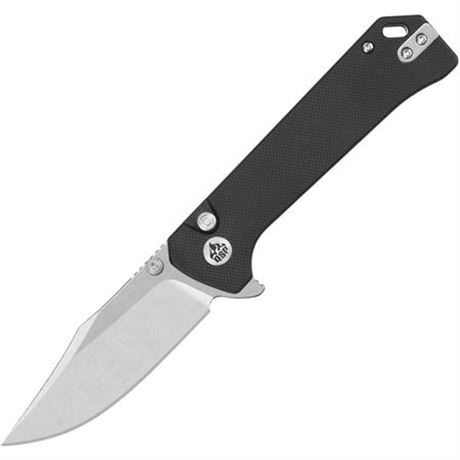 QSP Grebe Button Lock Knife Stonewashed Clip Point Blade Black G10 Handle
