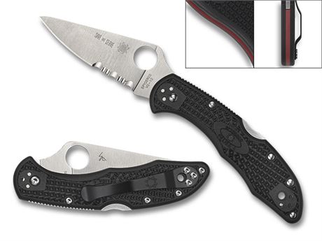 Spyderco Delica 4 Thin Red Line Folding Knife, Combo Blade, Black Handle